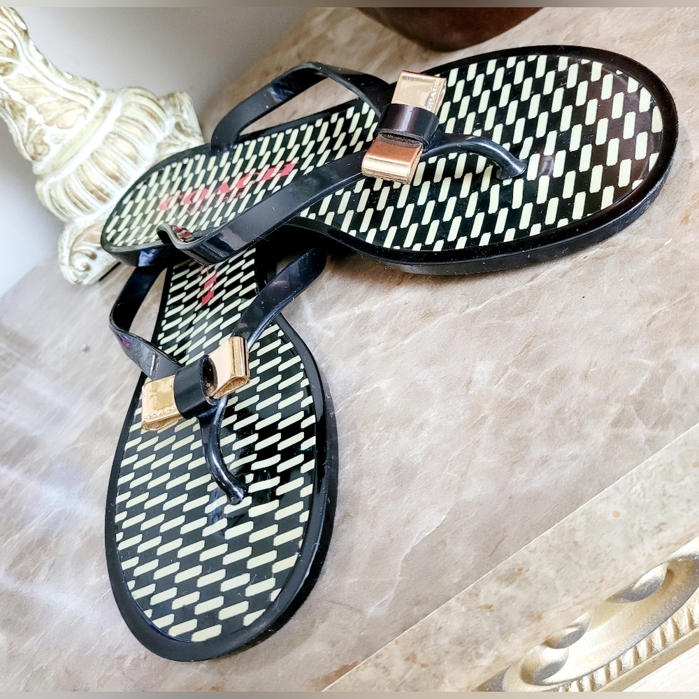 Coach Landon Women Patterned Jelly Thong Flip Flops Black/Ivory Logo Bow US 8.5 - Picture 6 of 16